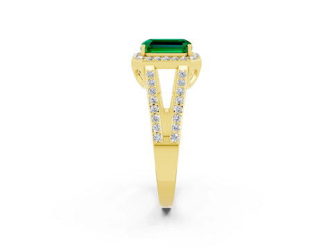 Yellow gold Emerald Cut Emerald Halo Ring with Split Shank U-Prong Band and Four-Prong Setting_2