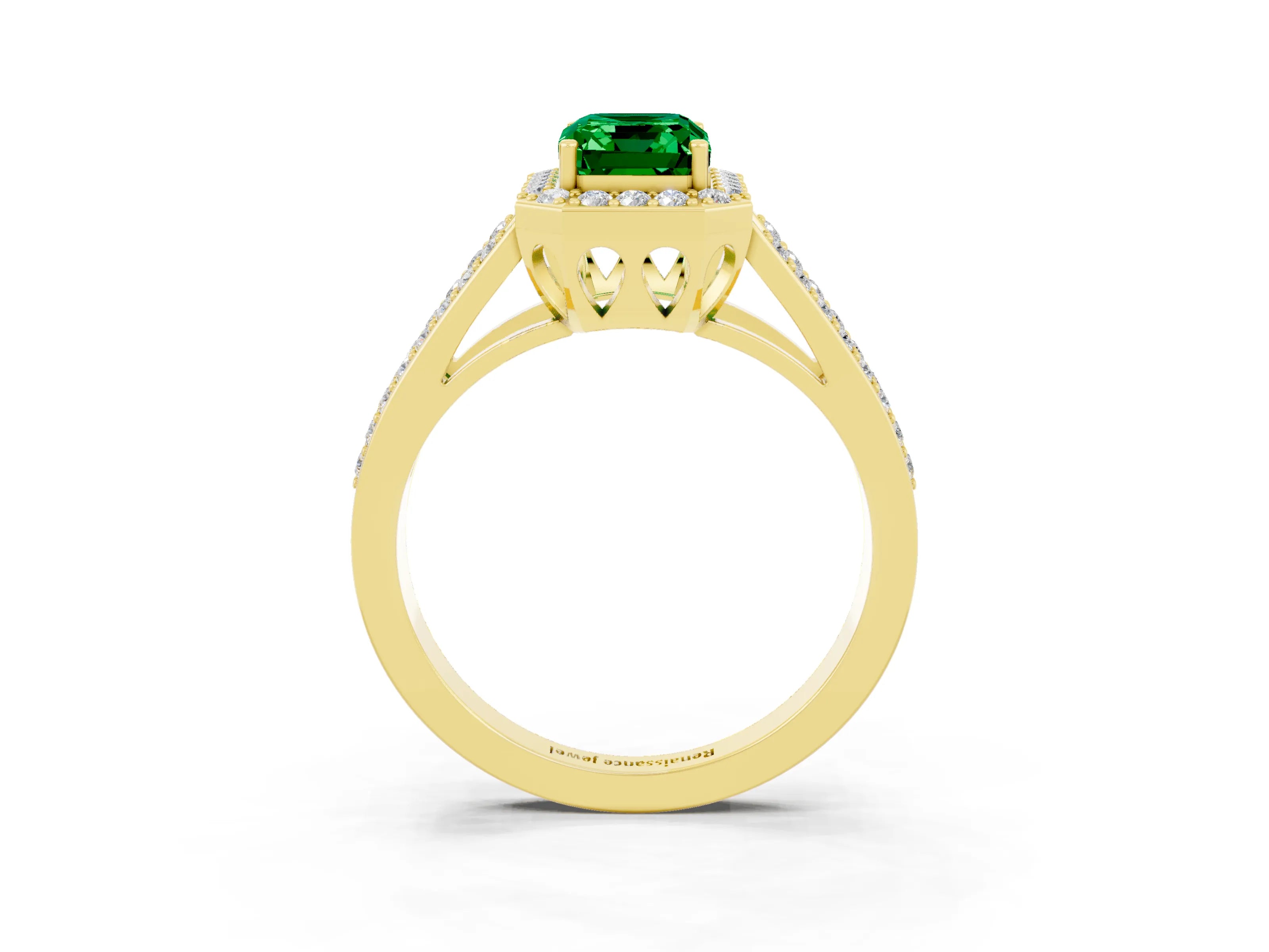Yellow gold Emerald Cut Emerald Halo Ring with Split Shank U-Prong Band and Four-Prong Setting_3