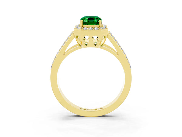 Yellow gold Emerald Cut Emerald Halo Ring with Split Shank U-Prong Band and Four-Prong Setting