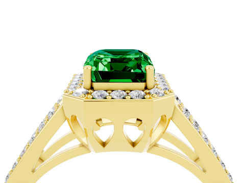Yellow gold Emerald Cut Emerald Halo Ring with Split Shank U-Prong Band and Four-Prong Setting_4