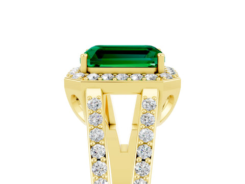 Yellow gold Emerald Cut Emerald Halo Ring with Split Shank U-Prong Band and Four-Prong Setting_5