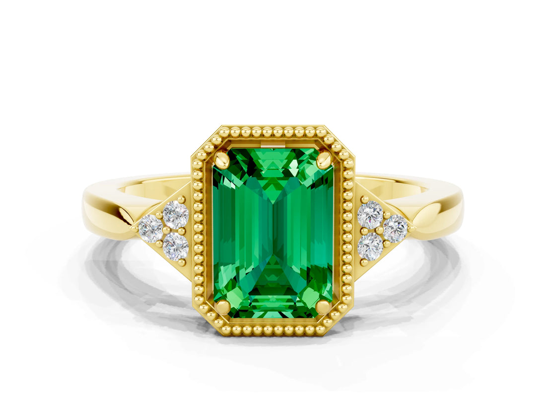 Yellow gold Emerald Cut Emerald Halo Ring with Tapered Band and Four-Prong Setting
