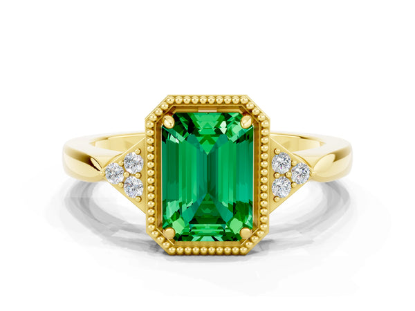 Yellow gold Emerald Cut Emerald Halo Ring with Tapered Band and Four-Prong Setting