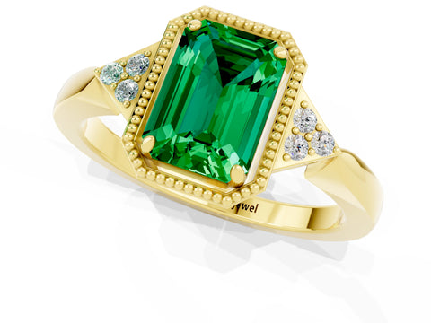 Yellow gold Emerald Cut Emerald Halo Ring with Tapered Band and Four-Prong Setting_1