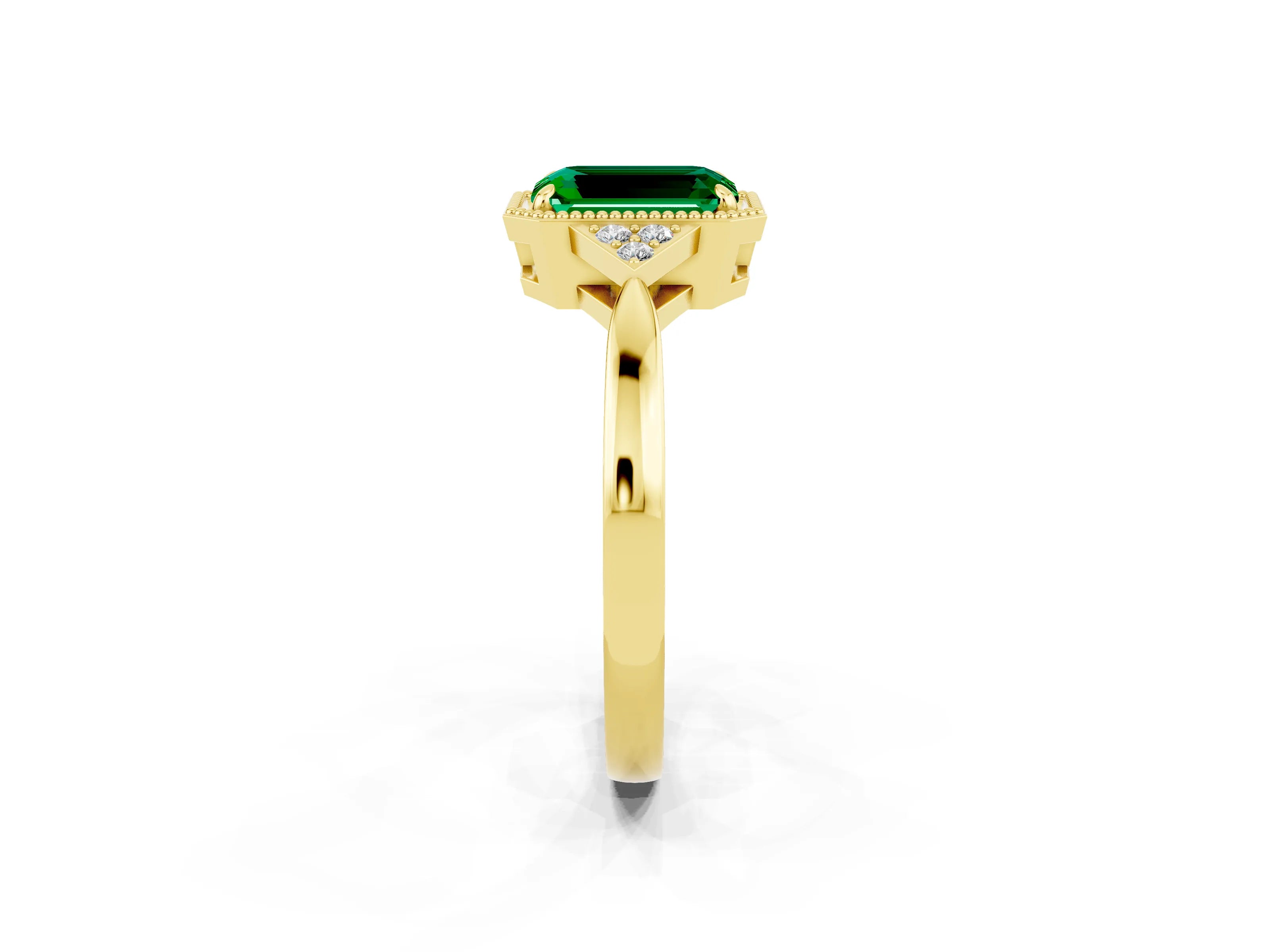 Yellow gold Emerald Cut Emerald Halo Ring with Tapered Band and Four-Prong Setting_2