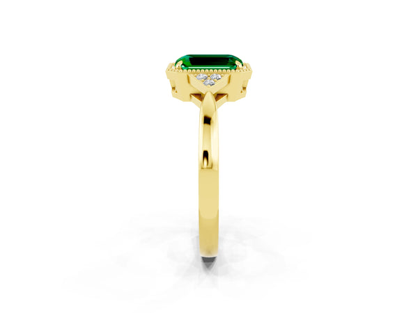 Yellow gold Emerald Cut Emerald Halo Ring with Tapered Band and Four-Prong Setting
