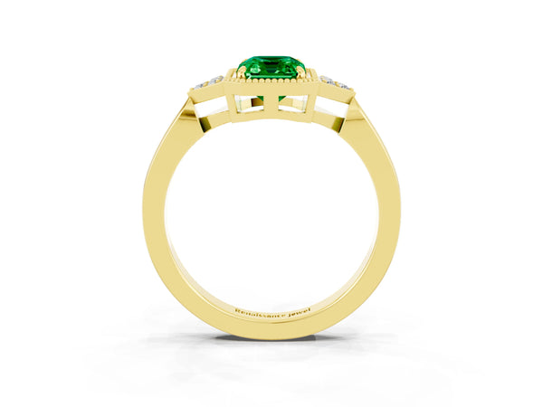Yellow gold Emerald Cut Emerald Halo Ring with Tapered Band and Four-Prong Setting
