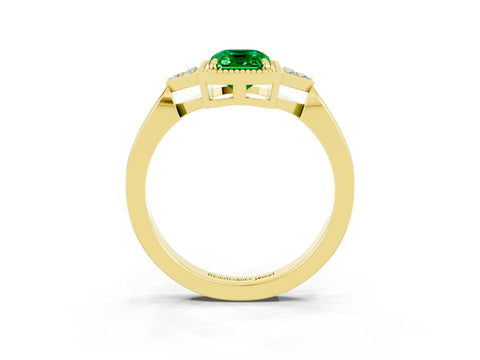 Yellow gold Emerald Cut Emerald Halo Ring with Tapered Band and Four-Prong Setting_3
