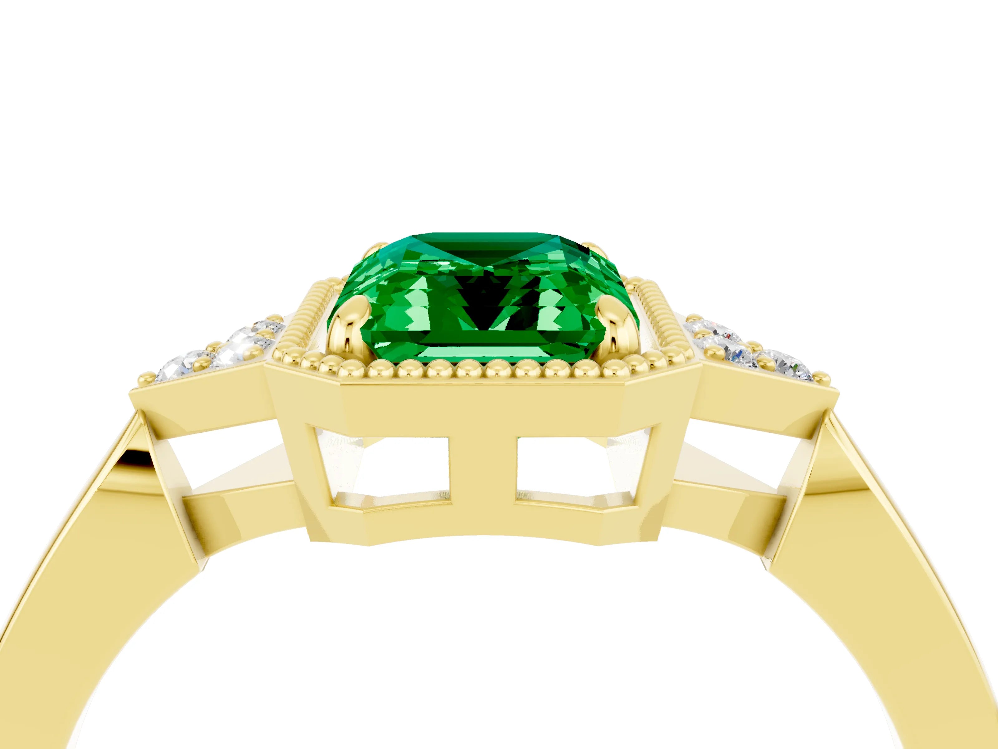 Yellow gold Emerald Cut Emerald Halo Ring with Tapered Band and Four-Prong Setting_4