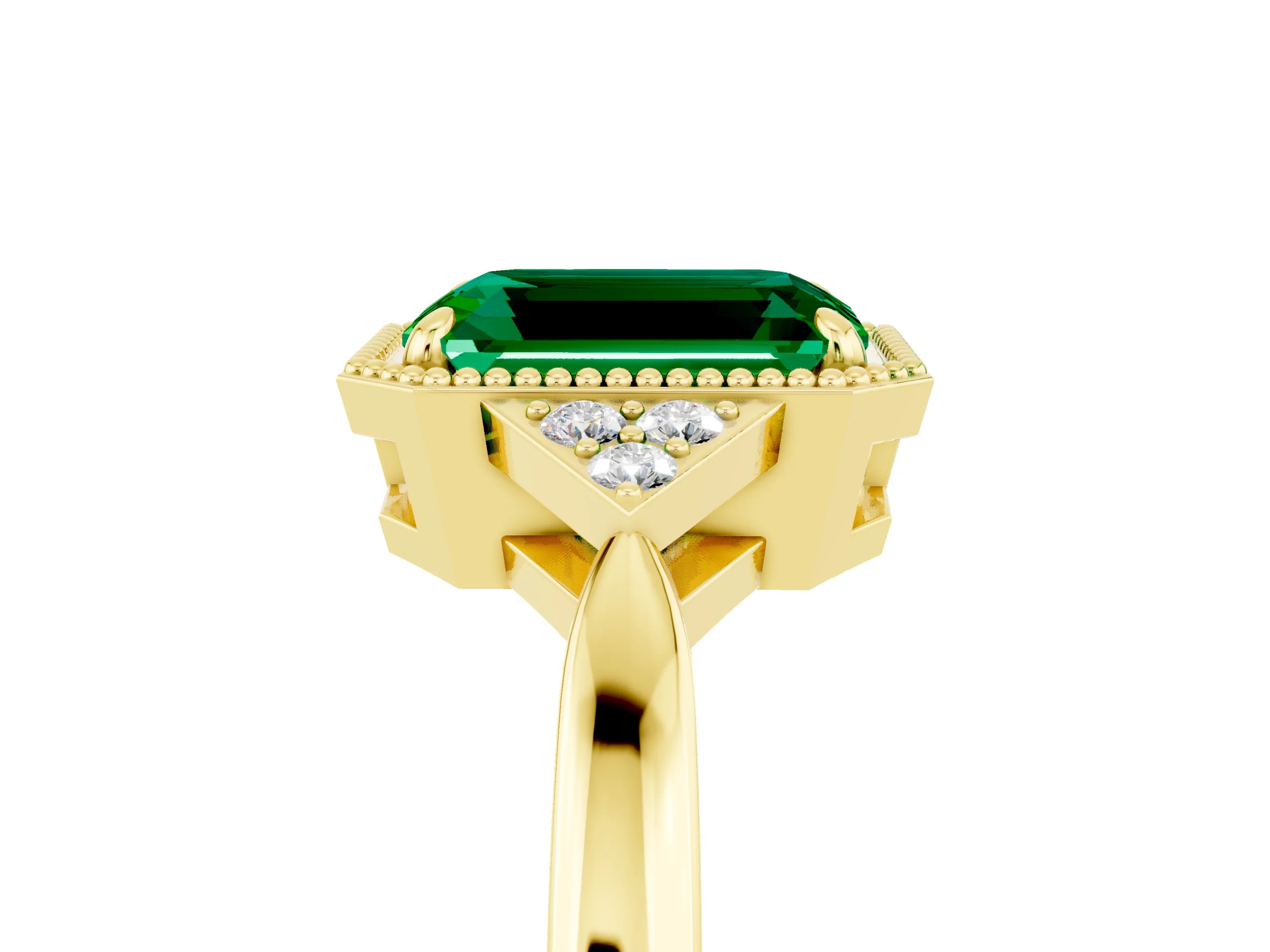 Yellow gold Emerald Cut Emerald Halo Ring with Tapered Band and Four-Prong Setting_5