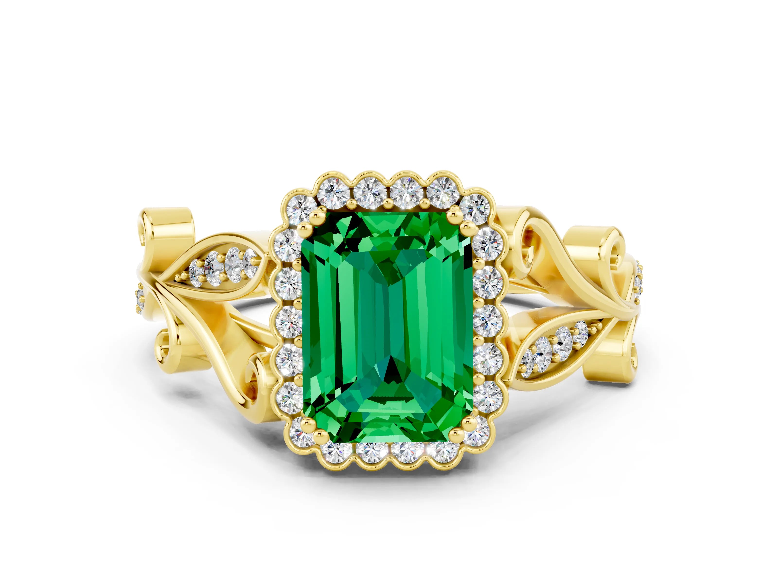 Yellow gold Emerald Cut Emerald Halo Ring with Vintage Split Shank and Four-Prong Setting