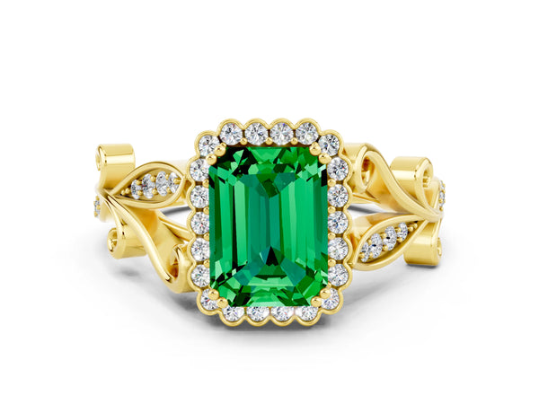 Yellow gold Emerald Cut Emerald Halo Ring with Vintage Split Shank and Four-Prong Setting