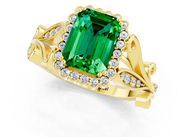 Yellow gold Emerald Cut Emerald Halo Ring with Vintage Split Shank and Four-Prong Setting