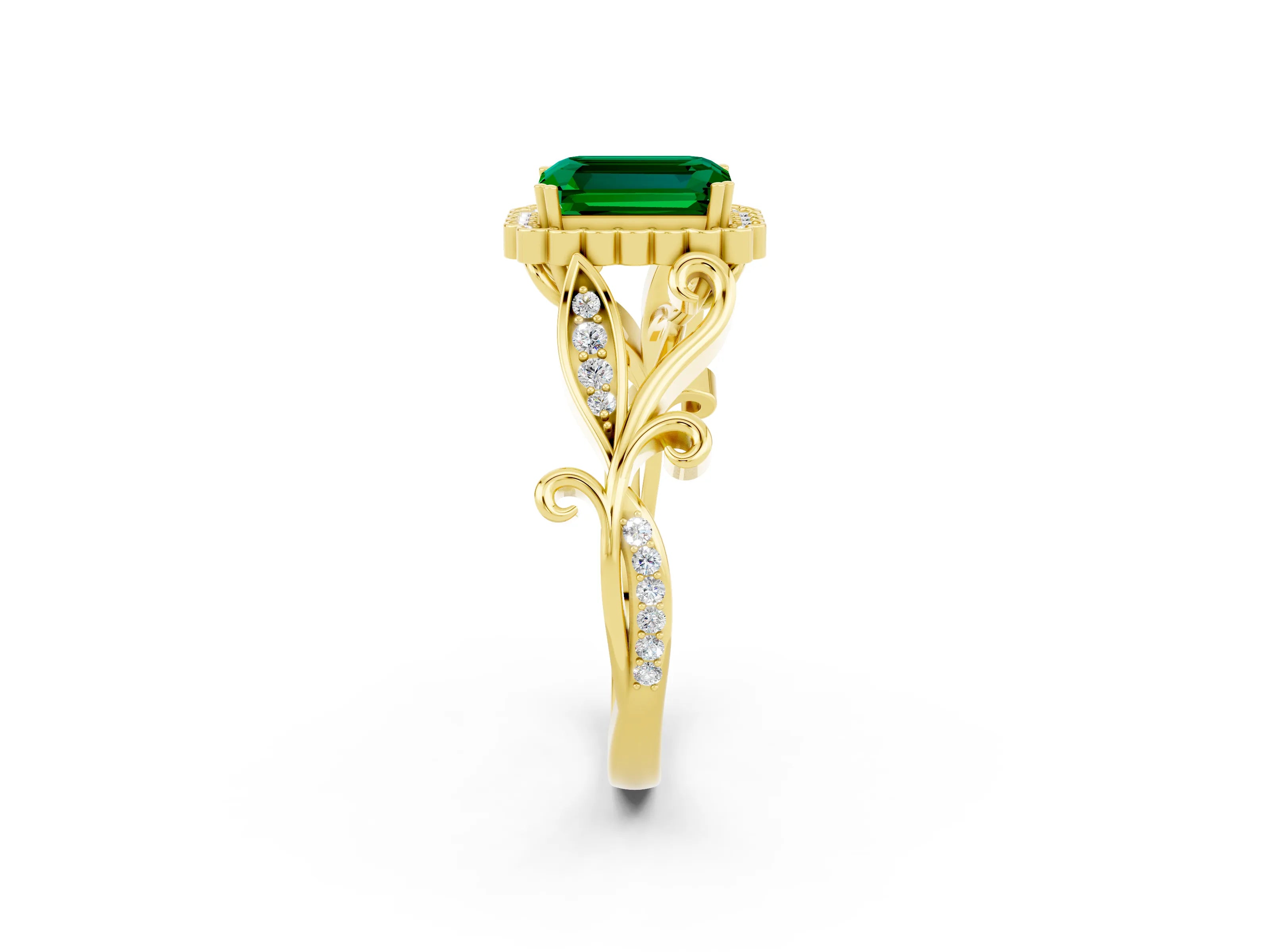 Yellow gold Emerald Cut Emerald Halo Ring with Vintage Split Shank and Four-Prong Setting_2