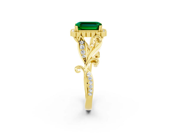 Yellow gold Emerald Cut Emerald Halo Ring with Vintage Split Shank and Four-Prong Setting