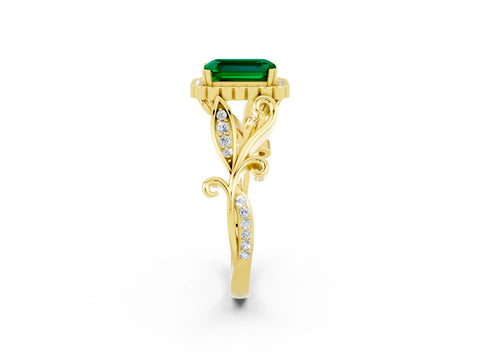 Yellow gold Emerald Cut Emerald Halo Ring with Vintage Split Shank and Four-Prong Setting_2