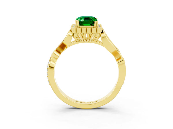 Yellow gold Emerald Cut Emerald Halo Ring with Vintage Split Shank and Four-Prong Setting