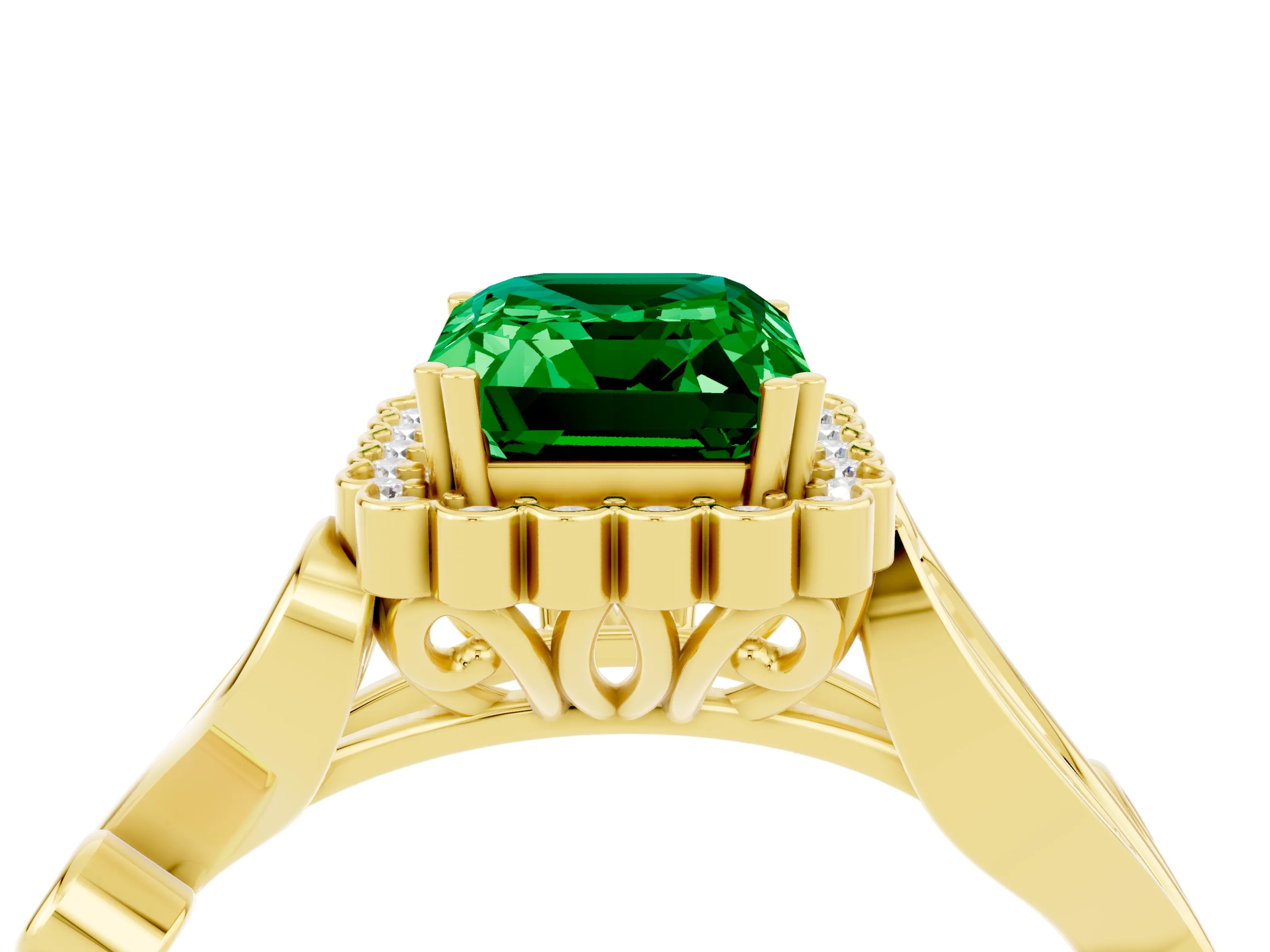 Yellow gold Emerald Cut Emerald Halo Ring with Vintage Split Shank and Four-Prong Setting_4