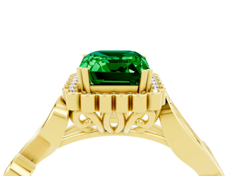 Yellow gold Emerald Cut Emerald Halo Ring with Vintage Split Shank and Four-Prong Setting_4