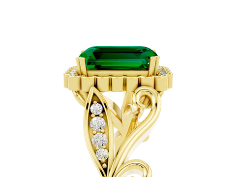 Yellow gold Emerald Cut Emerald Halo Ring with Vintage Split Shank and Four-Prong Setting_5