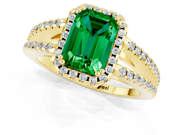 Yellow gold Emerald Cut Emerald Halo Split Shank Engagement Ring