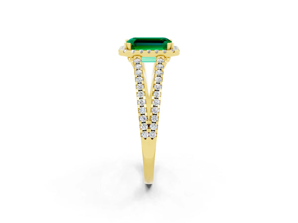 Yellow gold Emerald Cut Emerald Halo Split Shank Engagement Ring