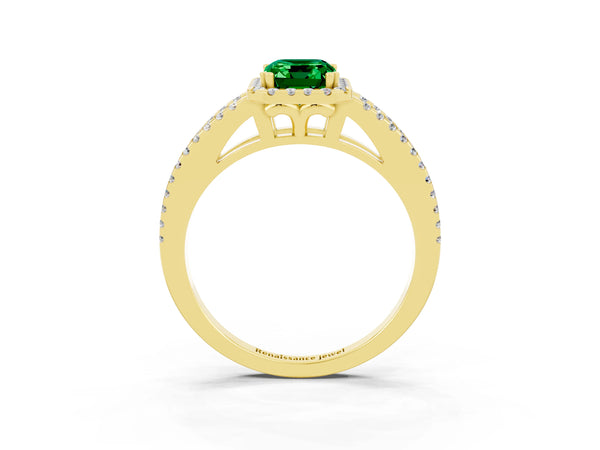 Yellow gold Emerald Cut Emerald Halo Split Shank Engagement Ring