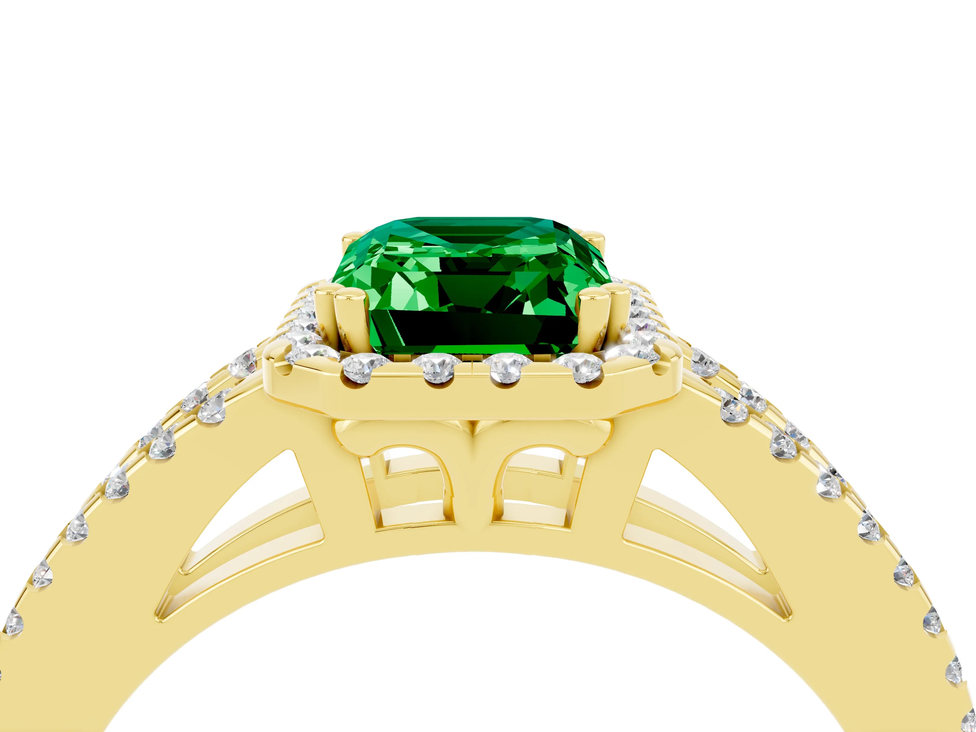 Yellow gold Emerald Cut Emerald Halo Split Shank Engagement Ring_16