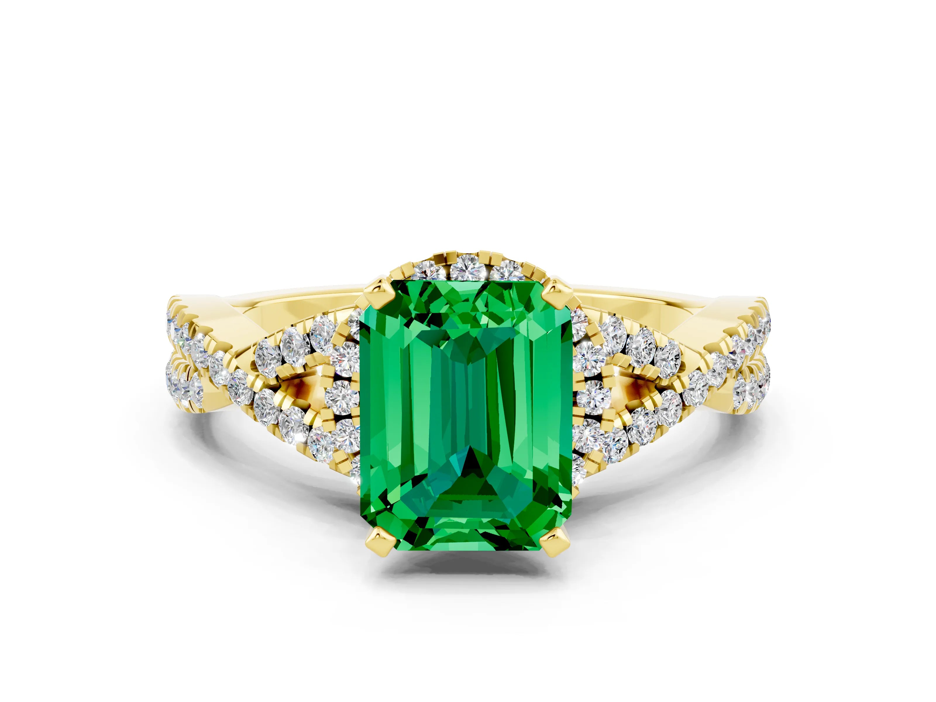 Yellow gold Emerald Cut Emerald Halo Twist Band Solitaire Prong Setting Ring