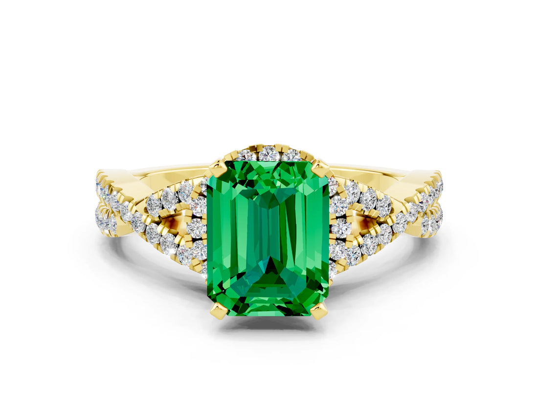Yellow gold Emerald Cut Emerald Halo Twist Band Solitaire Prong Setting Ring