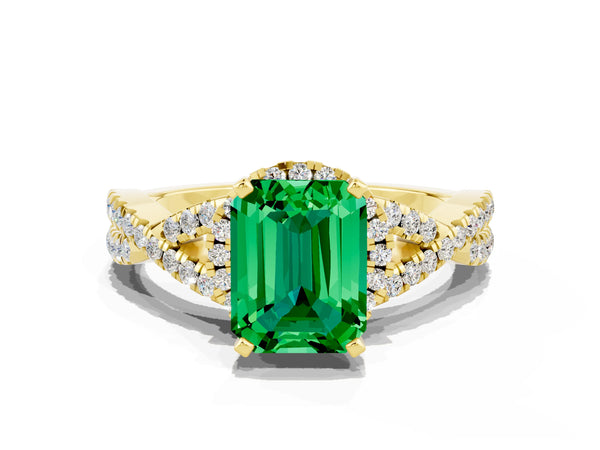 Yellow gold Emerald Cut Emerald  Halo Twist Band Solitaire Prong Setting Ring