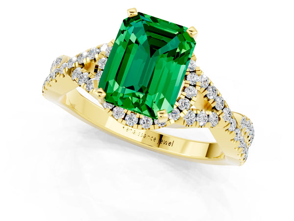 Yellow gold Emerald Cut Emerald  Halo Twist Band Solitaire Prong Setting Ring