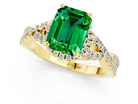 Yellow gold Emerald Cut Emerald Halo Twist Band Solitaire Prong Setting Ring_1