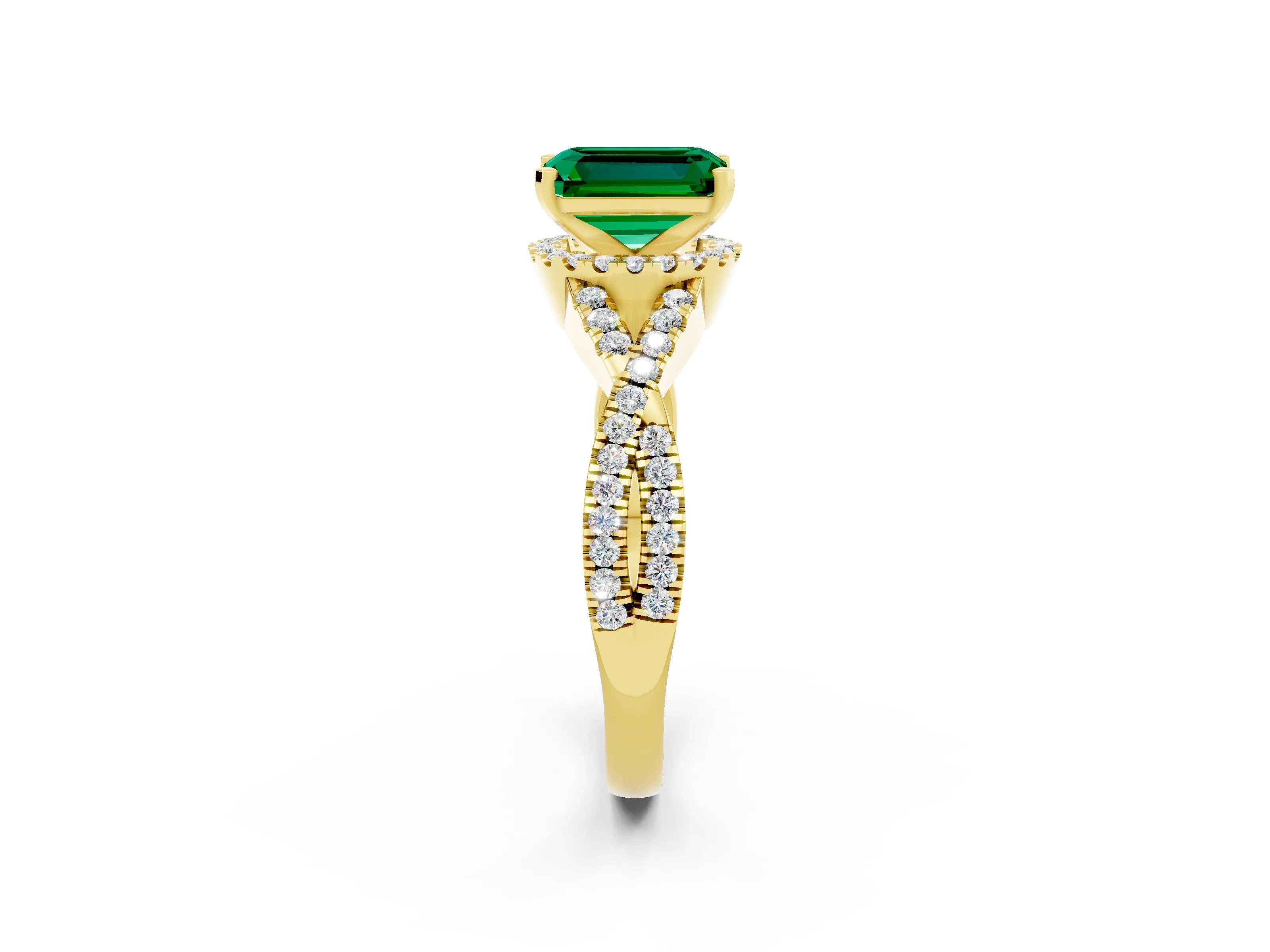 Yellow gold Emerald Cut Emerald Halo Twist Band Solitaire Prong Setting Ring_2