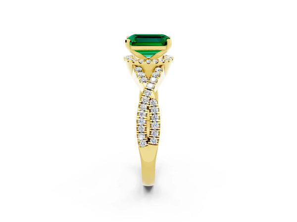 Yellow gold Emerald Cut Emerald  Halo Twist Band Solitaire Prong Setting Ring