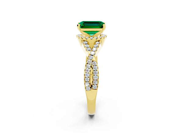 Yellow gold Emerald Cut Emerald  Halo Twist Band Solitaire Prong Setting Ring