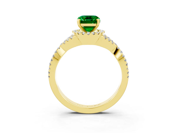 Yellow gold Emerald Cut Emerald  Halo Twist Band Solitaire Prong Setting Ring