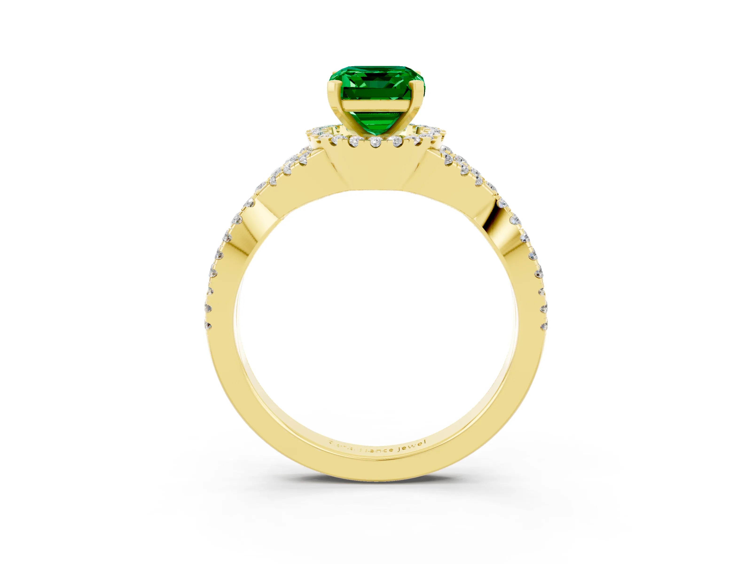 Yellow gold Emerald Cut Emerald Halo Twist Band Solitaire Prong Setting Ring_3