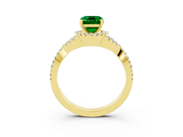 Yellow gold Emerald Cut Emerald  Halo Twist Band Solitaire Prong Setting Ring
