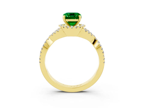 Yellow gold Emerald Cut Emerald Halo Twist Band Solitaire Prong Setting Ring_3