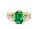 Yellow gold Emerald Cut Emerald  Halo Twist Band Solitaire Prong Setting Ring_48