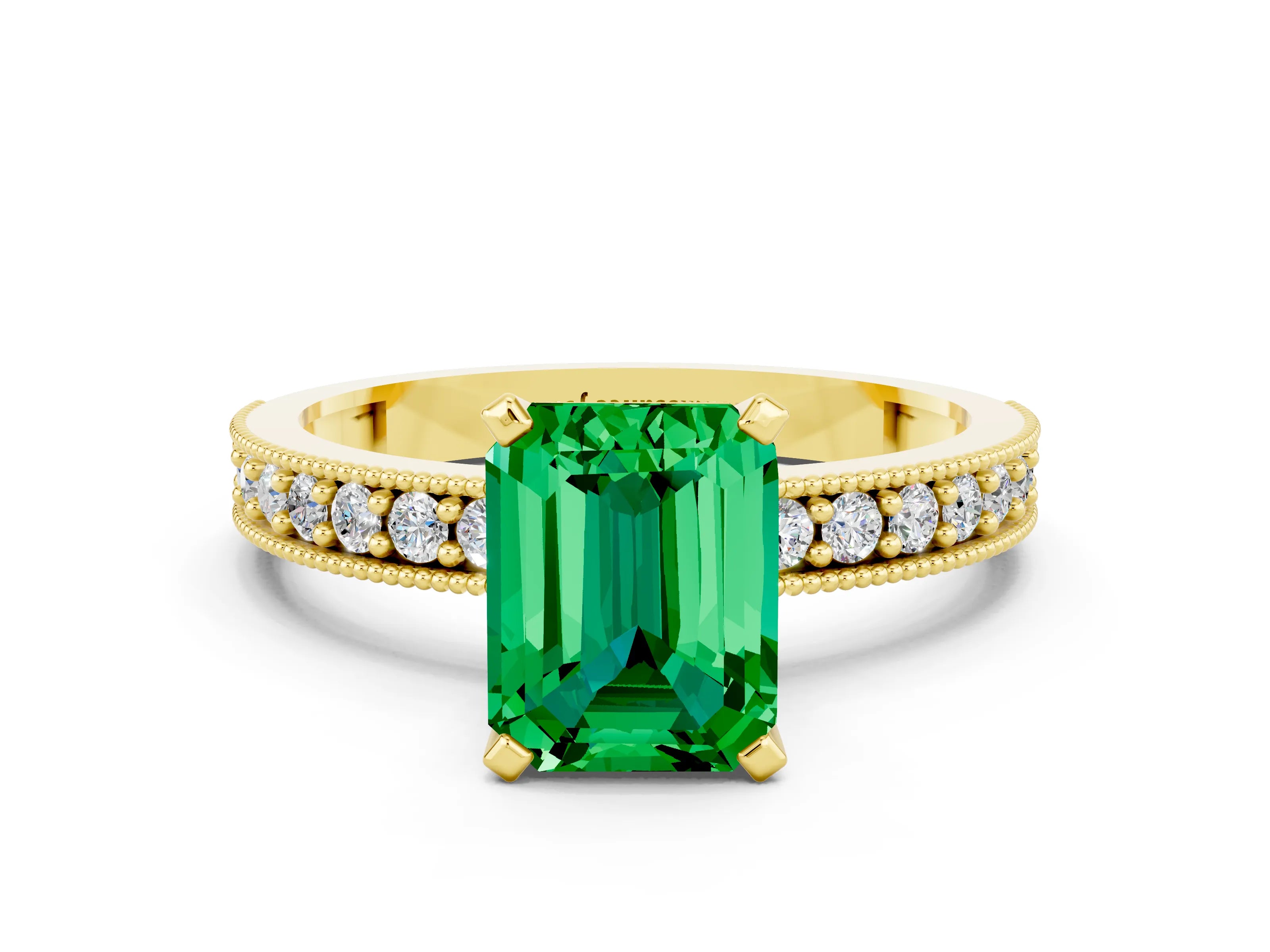 Yellow gold Emerald Cut Emerald Milgrain Pavé Engagement Ring with Four-Prong Setting_12