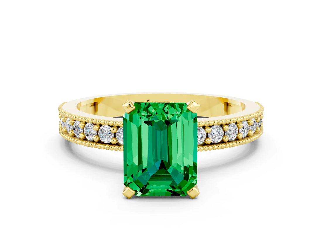 Yellow gold Emerald Cut Emerald Milgrain Pavé Engagement Ring with Four-Prong Setting_12