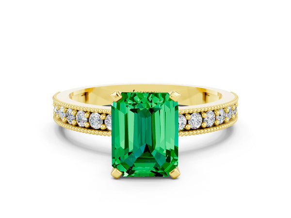 Yellow gold Emerald Cut Emerald Milgrain Pavé Engagement Ring with Four-Prong Setting