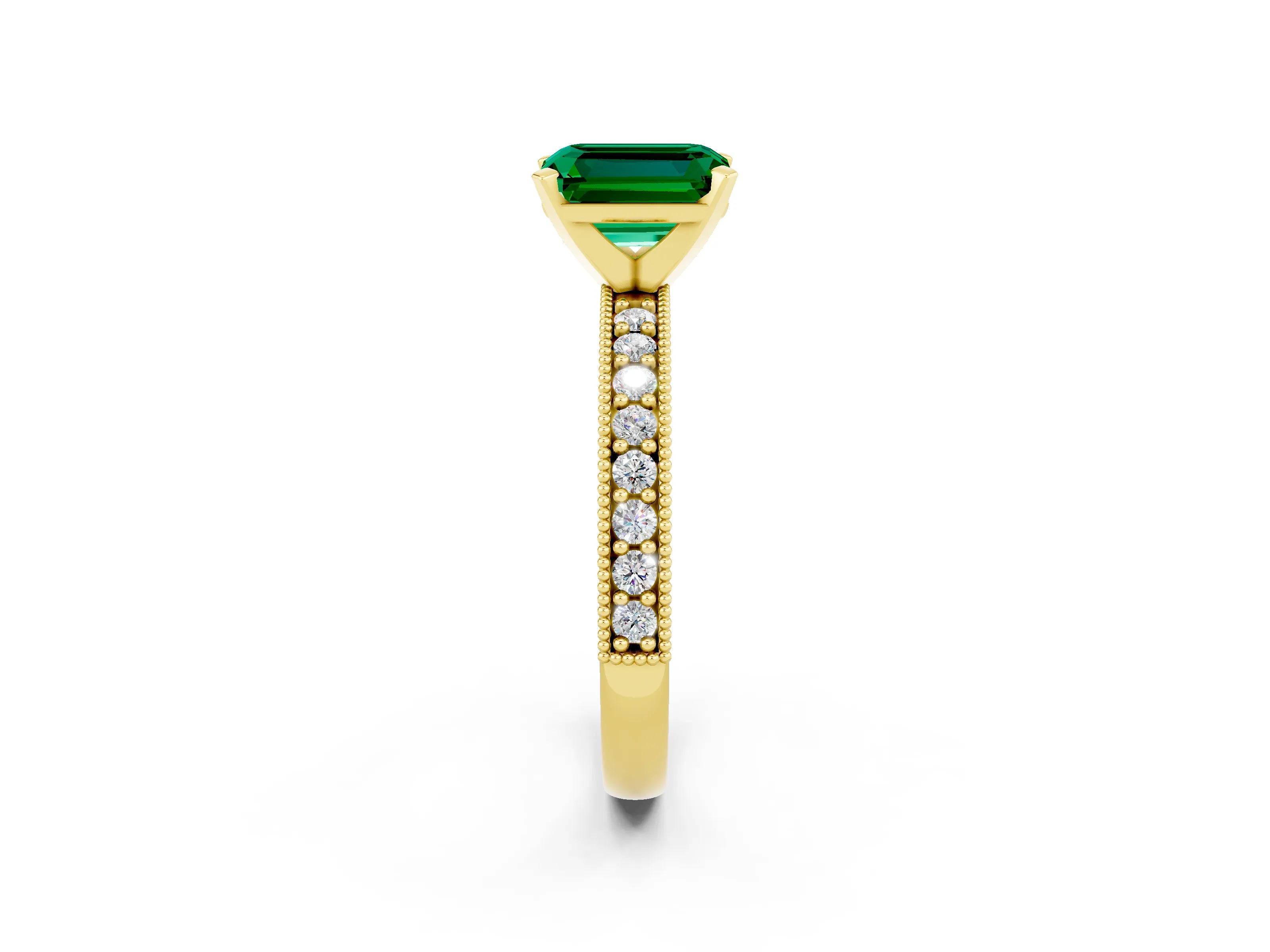 Yellow gold Emerald Cut Emerald Milgrain Pavé Engagement Ring with Four-Prong Setting_14