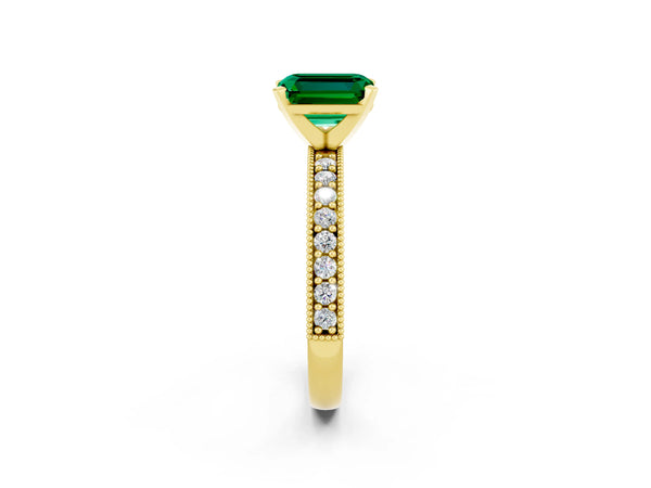 Yellow gold Emerald Cut Emerald Milgrain Pavé Engagement Ring with Four-Prong Setting