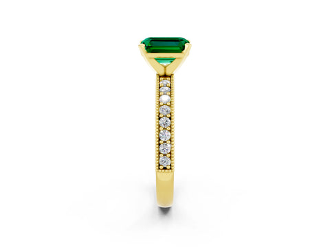 Yellow gold Emerald Cut Emerald Milgrain Pavé Engagement Ring with Four-Prong Setting_14