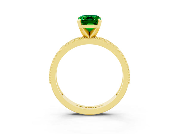 Yellow gold Emerald Cut Emerald Milgrain Pavé Engagement Ring with Four-Prong Setting