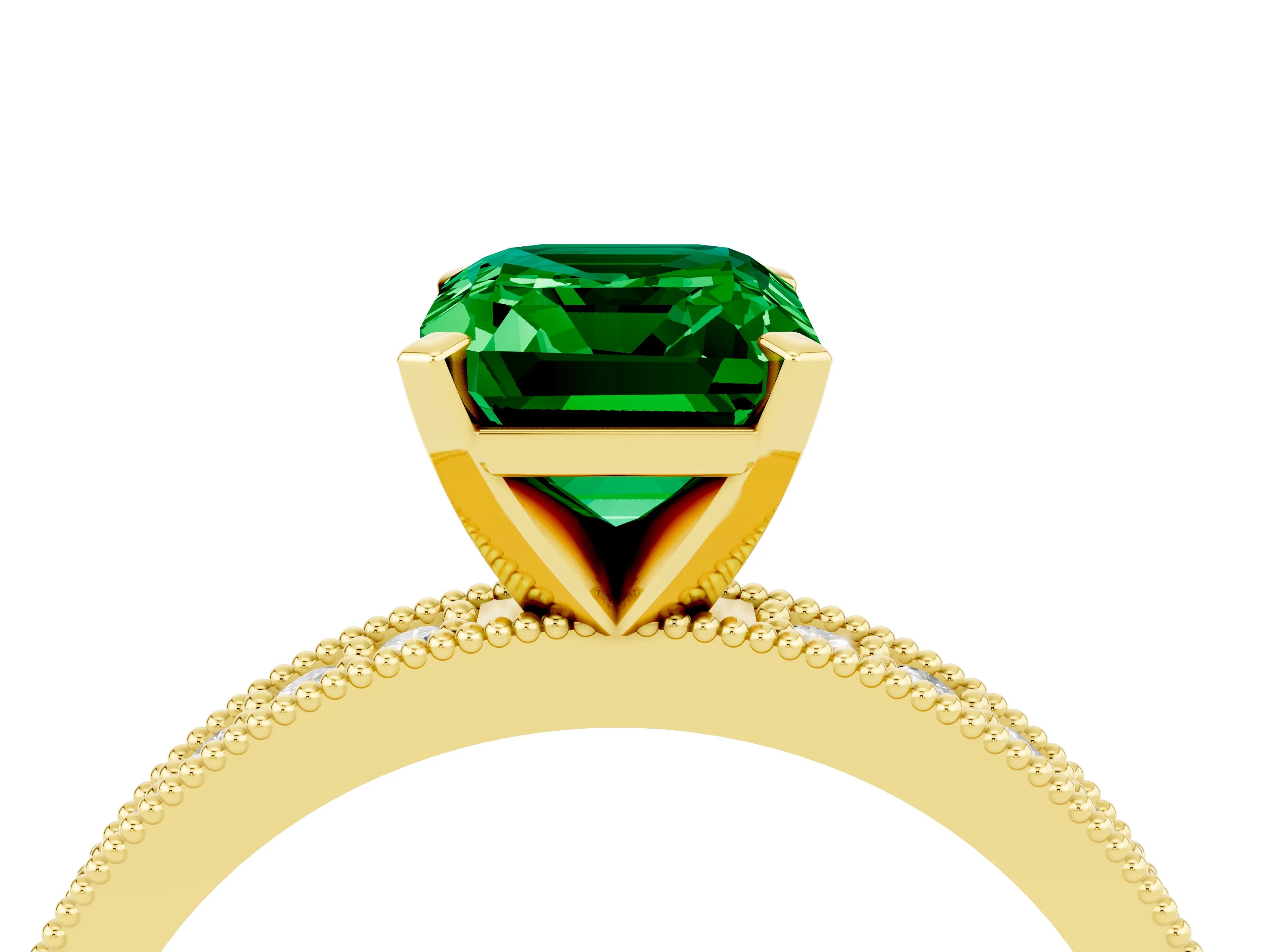 Yellow gold Emerald Cut Emerald Milgrain Pavé Engagement Ring with Four-Prong Setting_16