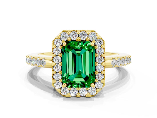 Yellow gold Emerald Cut Emerald Pavé Halo Ring with Four-Prong Setting